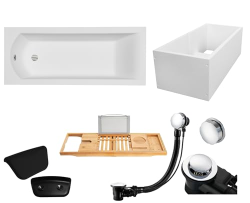 BADLAND Premium Set 6in1 Badewanne Rechteck Acryl Weiß Wanne SHEA 180x80 cm, Made in EU + Wannenträger + Bambus Badewannenablage + Nackenkissen, Moderne Design, mit Ablaufgarnitur und Füßen von BAD LAND