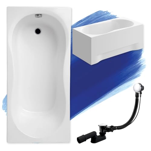 BADLAND Badewanne Original Weiß Acryl Wanne Rechteck GRACJA 120x75 KOMPLETTSET SET mit Weiß Acrylschürze + Füßen und Exklusive Chrom Automatik Ablaufgarnitur Made in EU 4in1 von BAD LAND