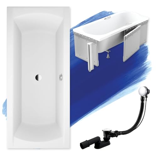 BADLAND Badewanne Original Weiß Acryl Wanne Rechteck INES 190x90 KOMPLETTSET SET mit Premium Styroporverkleidung + Füßen und Exklusive Chrom Automatik Ablaufgarnitur Made in EU 4in1 von BAD LAND