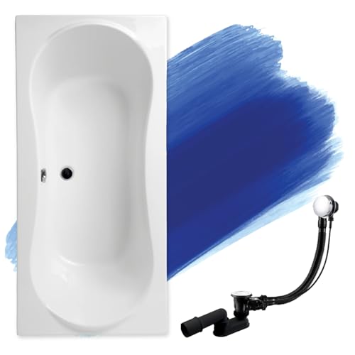 BADLAND Badewanne Original Weiß Acryl Wanne Rechteck LONG 180x80 KOMPLETTSET SET + Füßen und Exklusive Chrom Automatik Ablaufgarnitur Made in EU 3in1 von BAD LAND