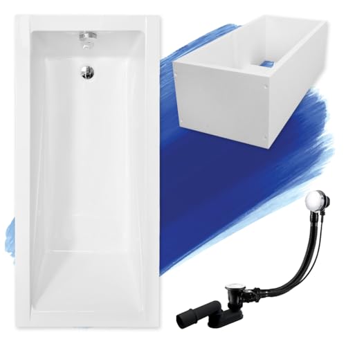 BADLAND Badewanne Original Weiß Acryl Wanne Rechteck MODERN 140x70 KOMPLETTSET SET mit Premium Wannenträger + Füßen und Exklusive Chrom Automatik Ablaufgarnitur Made in EU 4in1 von BAD LAND