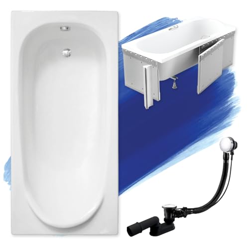 BADLAND Badewanne Original Weiß Acryl Wanne Rechteck MEDIUM 190x80 KOMPLETTSET SET mit Premium Styroporverkleidung + Füßen und Exklusive Chrom Automatik Ablaufgarnitur Made in EU 4in1 von BAD LAND