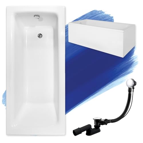 BADLAND Badewanne Original Weiß Acryl Wanne Rechteck TALIA 100x70 KOMPLETTSET SET mit Weiß Acrylschürze + Füßen und Exklusive Chrom Automatik Ablaufgarnitur Made in EU 4in1 von BAD LAND