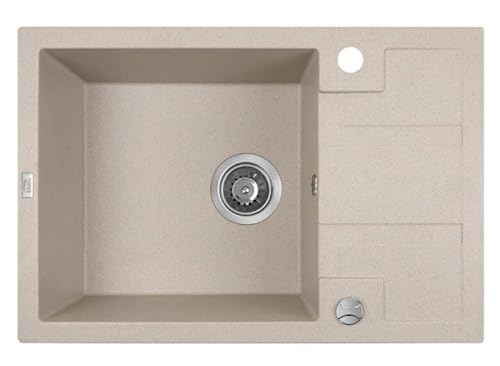 BADLAND Spülbecken Einzelbecken 44x65 Kuchenspüle Beige Granitspüle Barbados mit kurze Ablaufplatte und platzsparender Siphon von BAD LAND