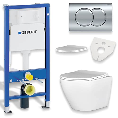 BADLAND WC Set: Geberit Duofix Basic UP 100 Vorwandelement + Wand-WC Desna Weiß + Betätigungsplatte Delta01 Chrom + Slim WC-Sitz Soft-close + Schallschutzmatte von BAD LAND