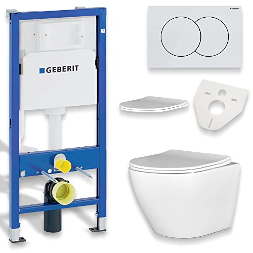 BADLAND WC Set: Geberit Duofix Basic UP 100 Vorwandelement + Wand-WC Desna Weiß + Betätigungsplatte Delta01 Weiß + Slim WC-Sitz Soft-close + Schallschutzmatte von BAD LAND