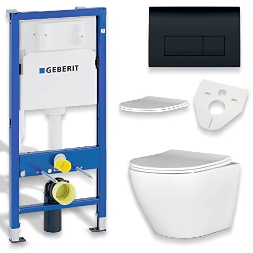 BADLAND WC Set: Geberit Duofix Basic UP 100 Vorwandelement + Wand-WC Desna Weiß + Betätigungsplatte Delta50 Schwarz + Slim WC-Sitz Soft-close + Schallschutzmatte von BAD LAND