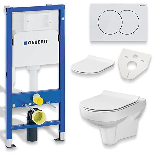 BADLAND WC Set: Geberit Duofix Basic UP 100 Vorwandelement + Wand-WC Weiß + Betätigungsplatte Delta01 Weiß + Slim WC-Sitz Soft-close + Schallschutzmatte von BAD LAND