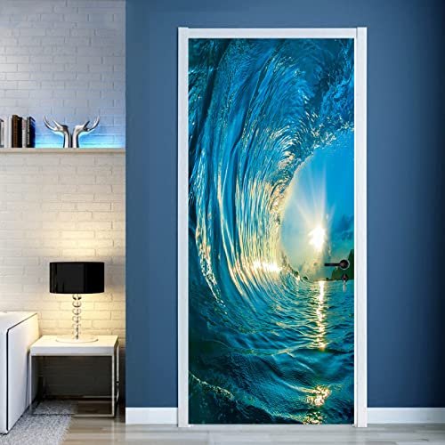 BADALO Türtapete selbstklebend TürPoster 3D Bewirken Fototapete Türfolie Poster Tapete Blau, Meerwasser 77 X 200cm Abnehmbar Wandtapete für Wohnzimmer Küche Schlafzimmer von BADALO