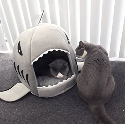 BADASS SHARKS 2-in-1 Haustierbett für Hunde und Katzen, Haifisch-Design, mit Polsterkissen, Grau von BADASS SHARKS