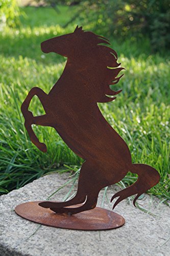 Edelrost Pferd springend auf Bodenplatte 25x23cm Metall Gartendekoration von Badeko