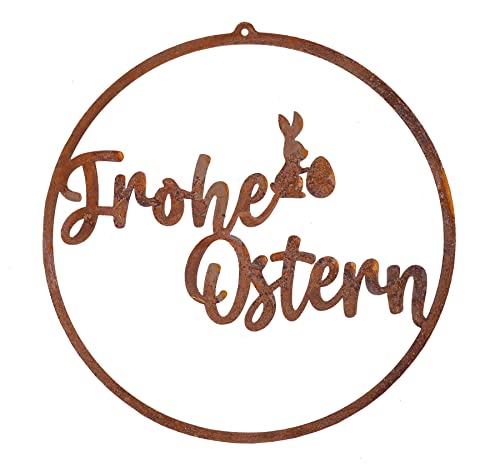 BADEKO Schild Frohe Ostern Ø30 cm Edelrost Tafel Türschild Willkommensschild Osterdeko Metallschild Loop Ring Metallring Edelrostring Osterdeko Easter von BADEKO