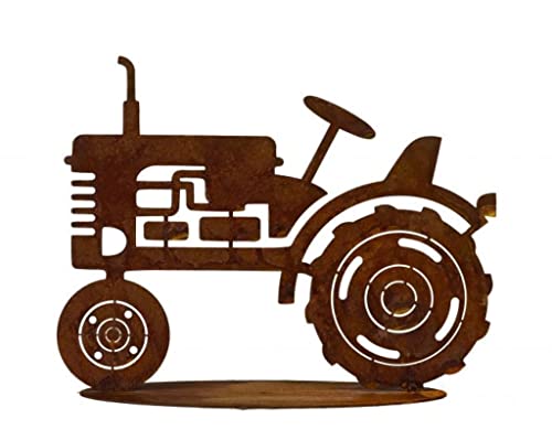 BADEKO Traktor auf Platte Bulldog Treker Landmaschine Edelrost Gartendeko Bauernhof Deko Edel-Rost Gartendeko Trekker Landmaschine Rostdeko Garten von BADEKO
