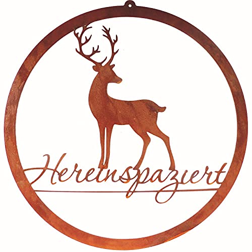 BADEKO Türschild Hirsch Hereinspaziert 35 cm Edelrostschild Ring Metallring Metallschild Türring Edelrost Rost Hirschdeko Jäger Geschenkidee Loop Vintage Jagdhüttendeko Hüttendeko von BADEKO