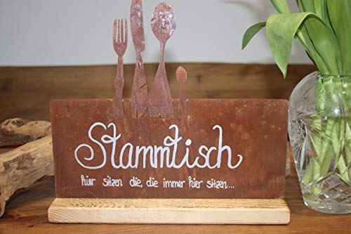 Tafel Stammtisch - Hier sitzen die Metall Edelrost auf Holz, Breite 30 cm, Höhe 30 cm von Badeko