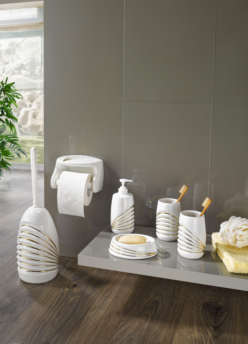 Bad-Accessoires aus Keramik, Toilettenpapierhalter, Weiss-Gold Bad-Accessoires aus Keramik, Toilettenpapierhalter, Weiss-Gold von BADER