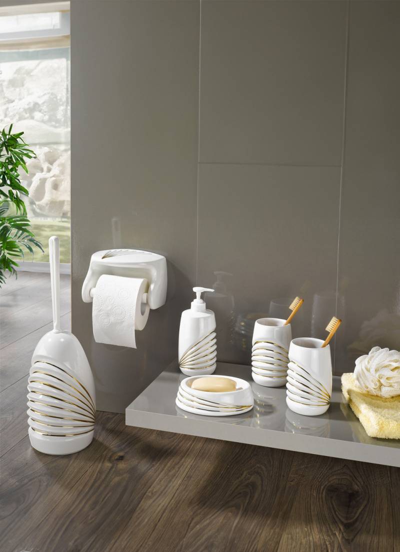 Bad-Accessoires aus Keramik, Zahnputzbecher, 2er-Set, Weiss-Gold Bad-Accessoires aus Keramik, Zahnputzbecher, 2er-Set, Weiss-Gold von BADER