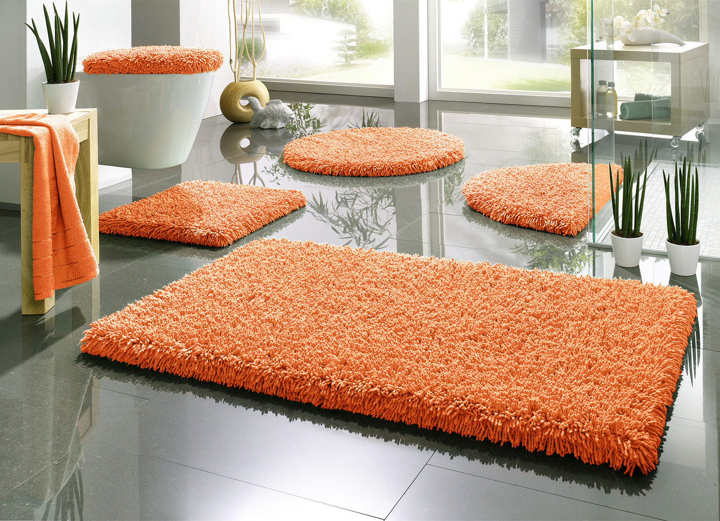Badgarnitur, für Fußbodenheizung geeignet, Größe 100 (Vorleger halbrund, 50/ 80 cm), Mandarine von BADER