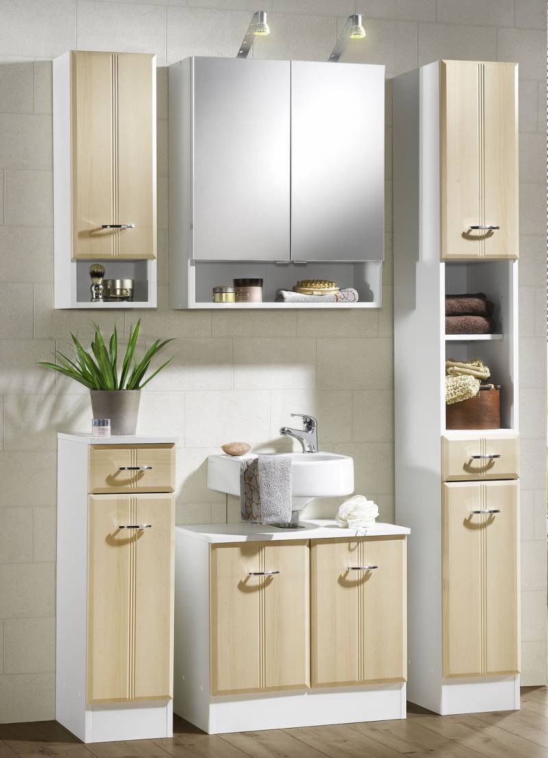 Badmöbel-Programm mit pflegeleichter Oberfläche, Midischrank, Buche-Weiss Badmöbel-Programm mit pflegeleichter Oberfläche, Midischrank, Buche-Weiss von BADER