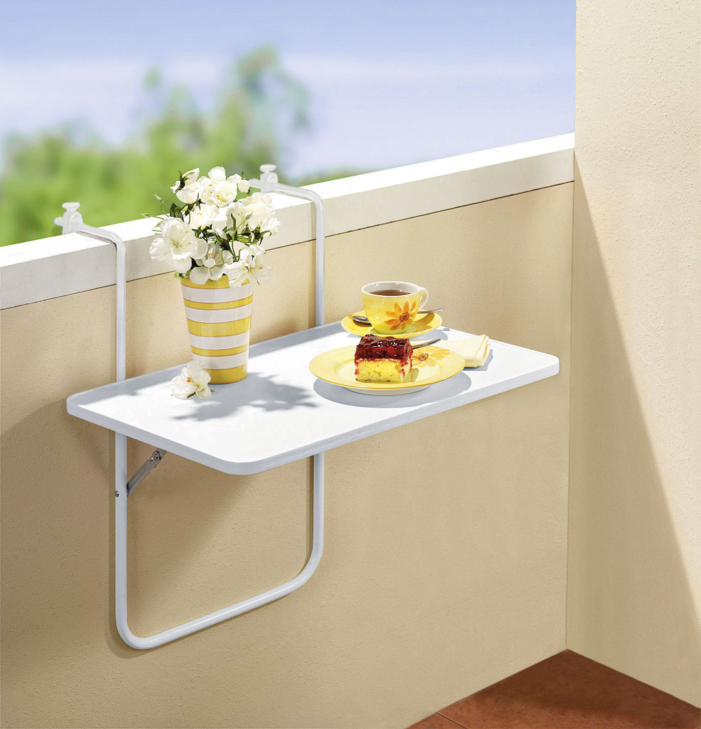 Balkon-Hängetisch mit Tischplatte aus Holz, Weiss von BADER