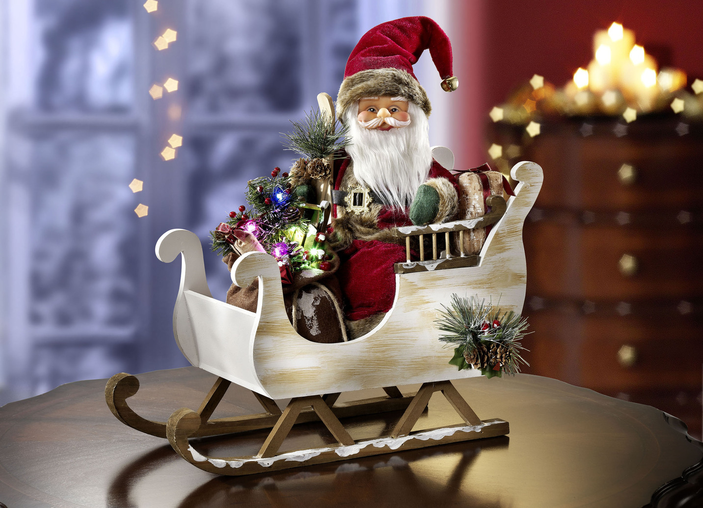 Beleuchteter Weihnachtsmann mit Schlitten, Rot-Weiss-Braun von BADER