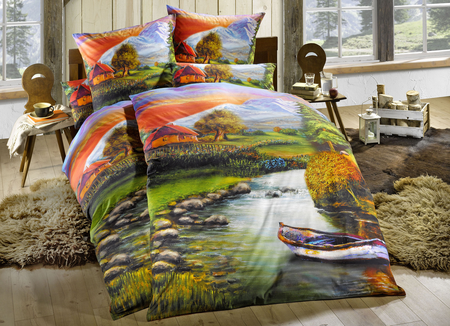 Bettwäsche-Garnitur mit atemberaubenden Landschaftsmotiv, Größe 112 (80/80 cm + 135/200 cm), Multicolor von BADER