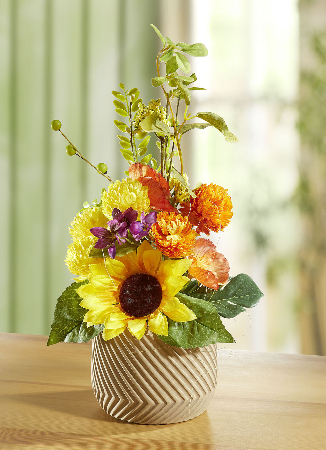 Blumen-Arrangement in Topf aus Keramik, Gelb-Orange von BADER