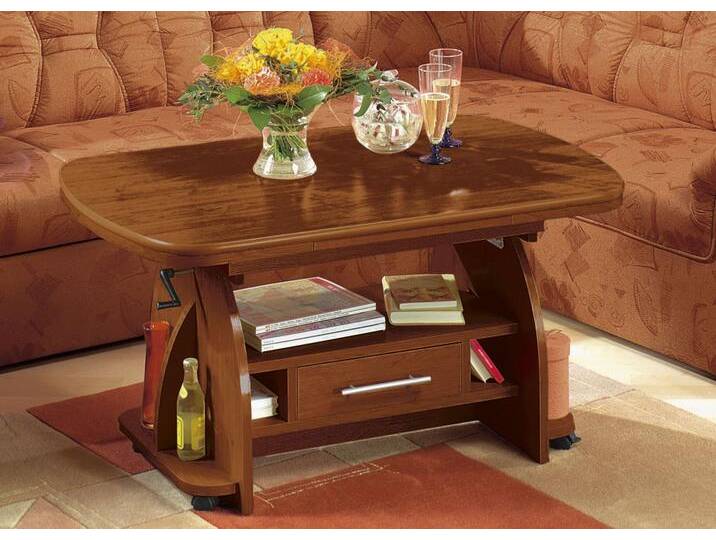 Couchtisch mit Schublade, Höhenverstellbar und ausziehbar, Höhe 56-66 cm, Nussbaum von BADER