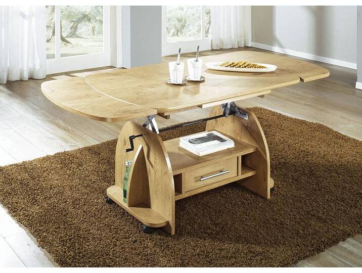 Couchtisch mit Schublade, Höhenverstellbar und ausziehbar, Wildeiche von BADER