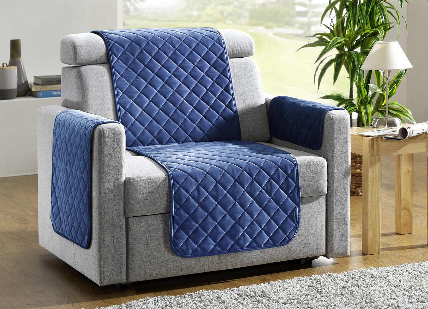 Sessel,- Couch,- und Armlehnschoner mit Bandeinfassung, Größe 101 (Sesselschoner, 50x150 cm), Blau von BADER