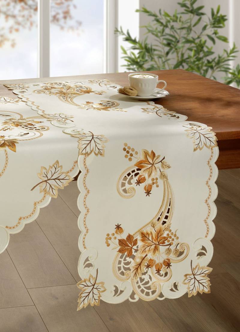 Farbenfroh bestickte Tisch- und Raumdekoration, Größe 104 (Läufer, 40x160 cm), Ecru-Braun von BADER