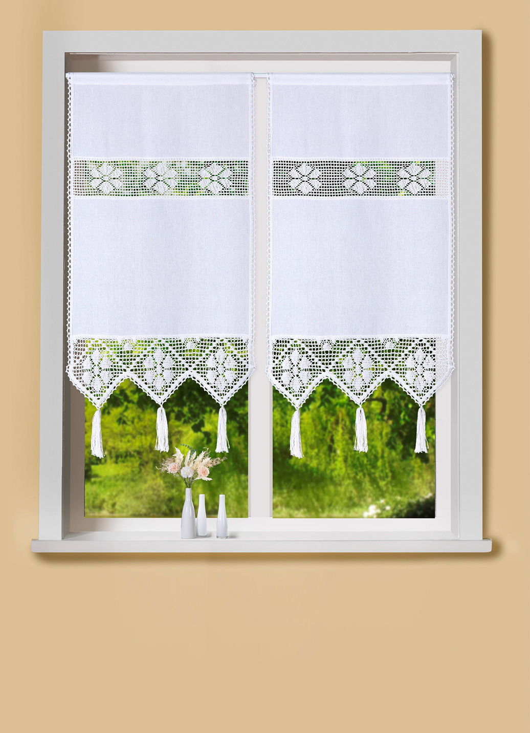 Fenster- und Türbehang mit Häkeleinsätzen, Größe 318 (Fensterbehang, H100xB60 cm), Weiss von BADER