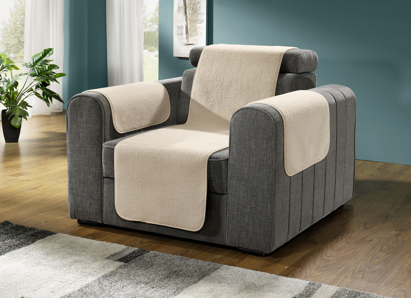 Flauschige Sessel-, Couch- und Armlehnenschoner, Größe 101 (Sesselschoner, 50x150 cm), Beige von BADER