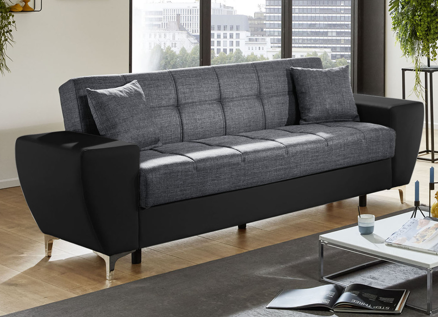 Frei im Raum aufstellbare Polstermöbel mit Bettkasten und Liegefunktion, Dreisitzer, Anthrazit-Schwarz Frei im Raum aufstellbare Polstermöbel mit Bettkasten und Liegefunktion, Dreisitzer, Anthrazit-Schwarz von BADER