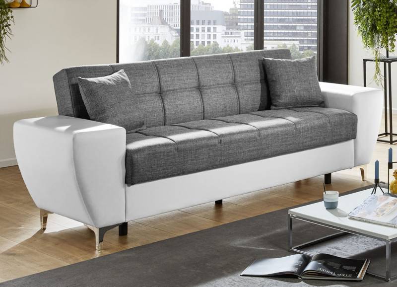 Frei im Raum aufstellbare Polstermöbel mit Bettkasten und Liegefunktion, Dreisitzer, Grau-Weiss Frei im Raum aufstellbare Polstermöbel mit Bettkasten und Liegefunktion, Dreisitzer, Grau-Weiss von BADER