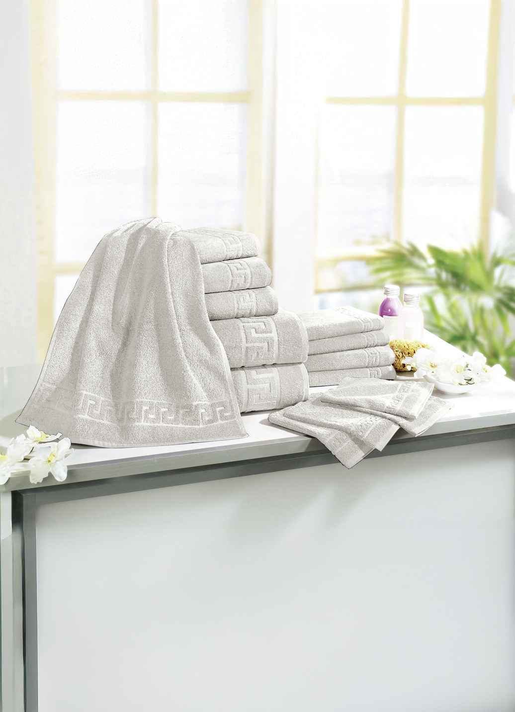 Frottierserie mit Mäander-Jacquard-Struktur, Größe 208 (Sparset, 14-teilig), Silber von BADER