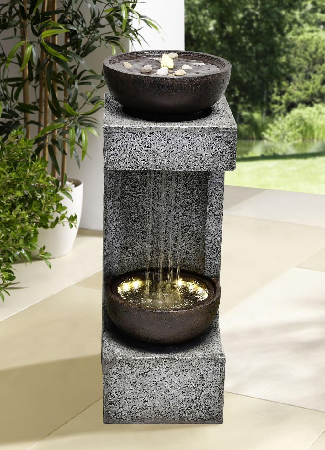 Gartenbrunnen mit 2 Schalen, DE-Version, Grau-Braun von BADER
