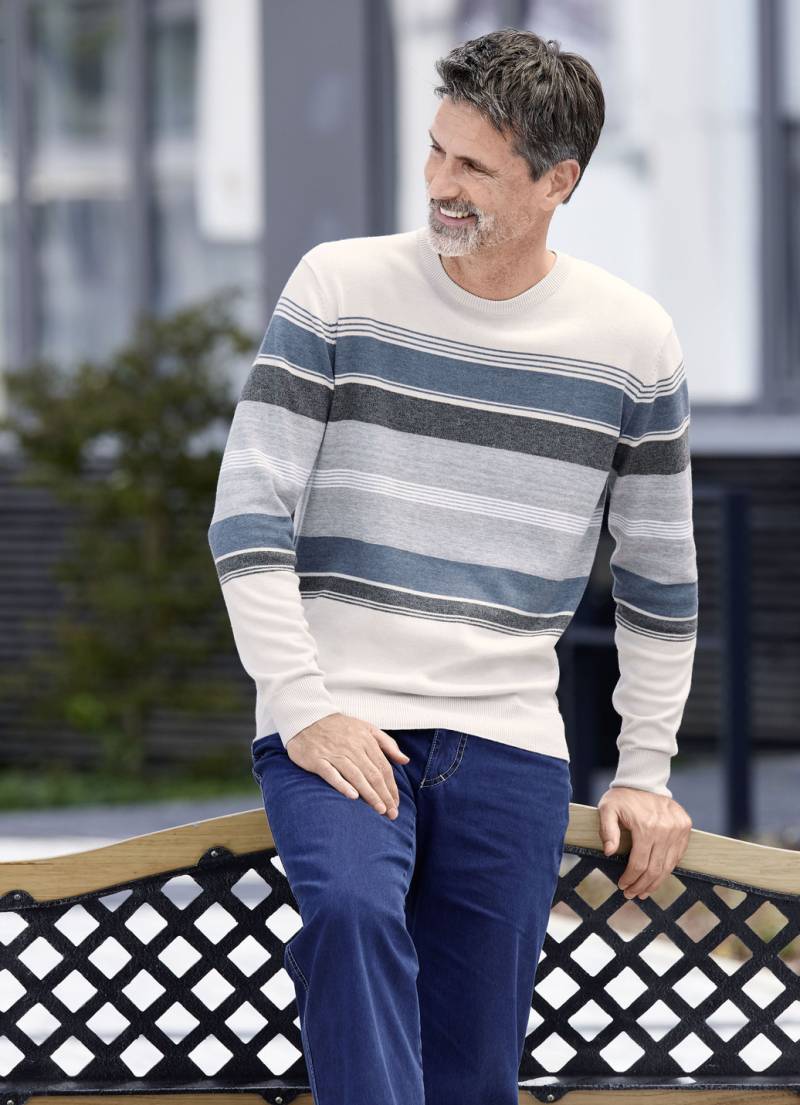 Gestreifter Rundhalspullover, Größe M(48/50), Natur-Grau-Jeansblau Gestreift von BADER