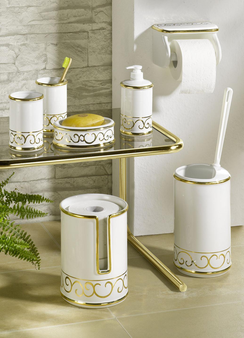 Handbemalte Badezimmeraccessoires aus glasierter Keramik, Seifenspender, Creme-Gold von BADER
