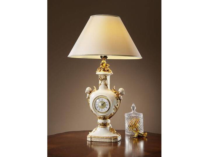 Handbemalte Tischleuchte mit Uhr, Creme-Gold von BADER