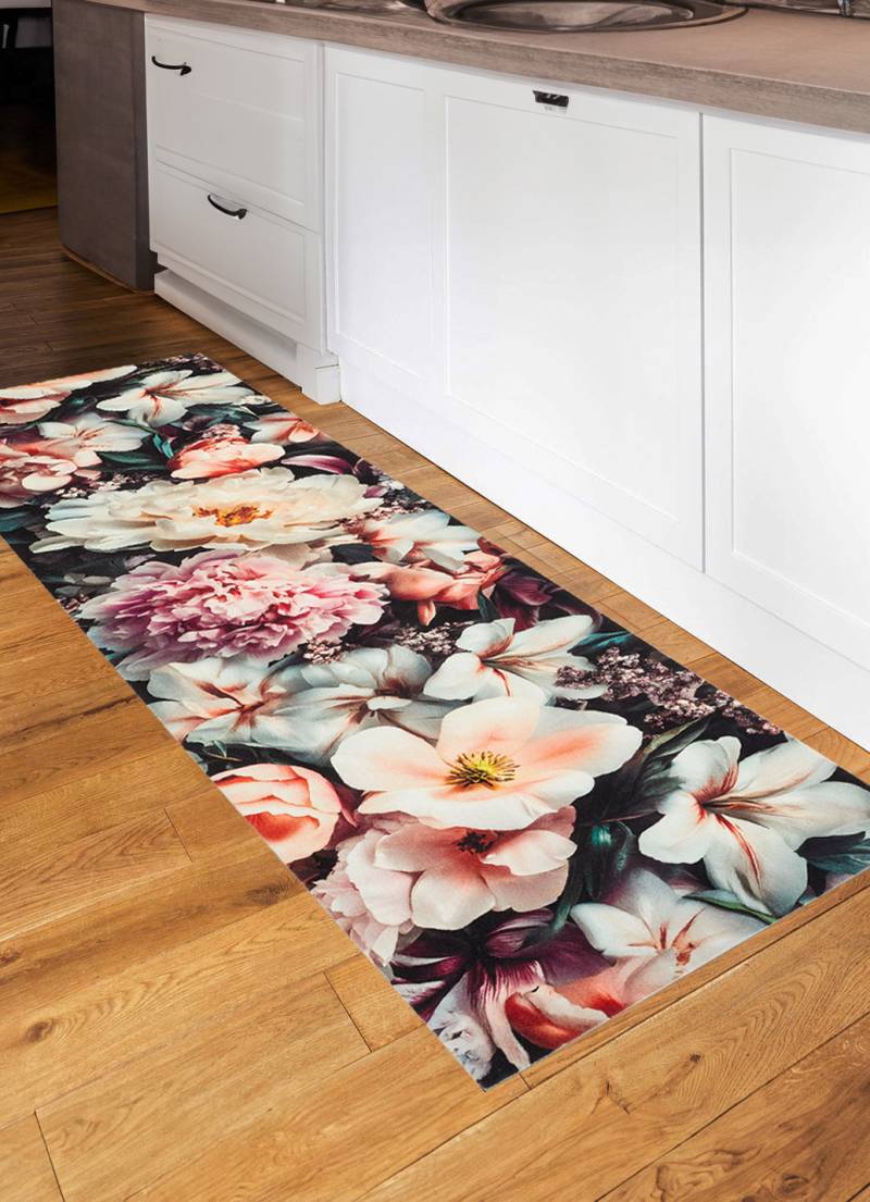 Küchenläufer und Teppich mit eindrucksvollen Blütenmotive, Größe 142 (Küchenläufer, 65x180 cm), Bunt von BADER