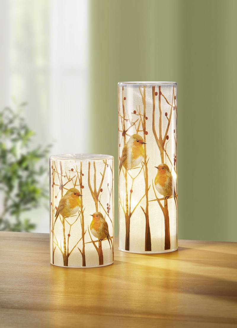LED-Windlicht mit Rotkehlchen-Motiv, 2er-Set, Weiss-Braun von BADER