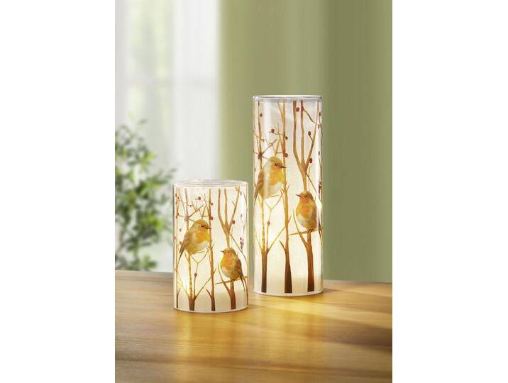 LED-Windlicht mit Rotkehlchen-Motiv, 2er-Set, Weiss-Braun von BADER