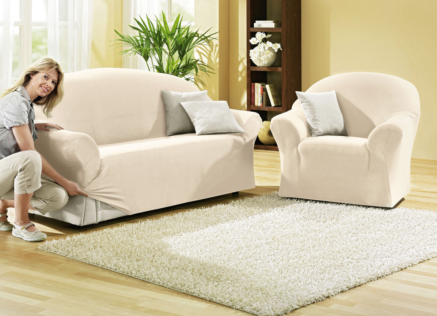 Leicht melierte Stretchbezüge für Sessel und Sofa, Größe 101 (Sessel-Bezug), Natur von BADER