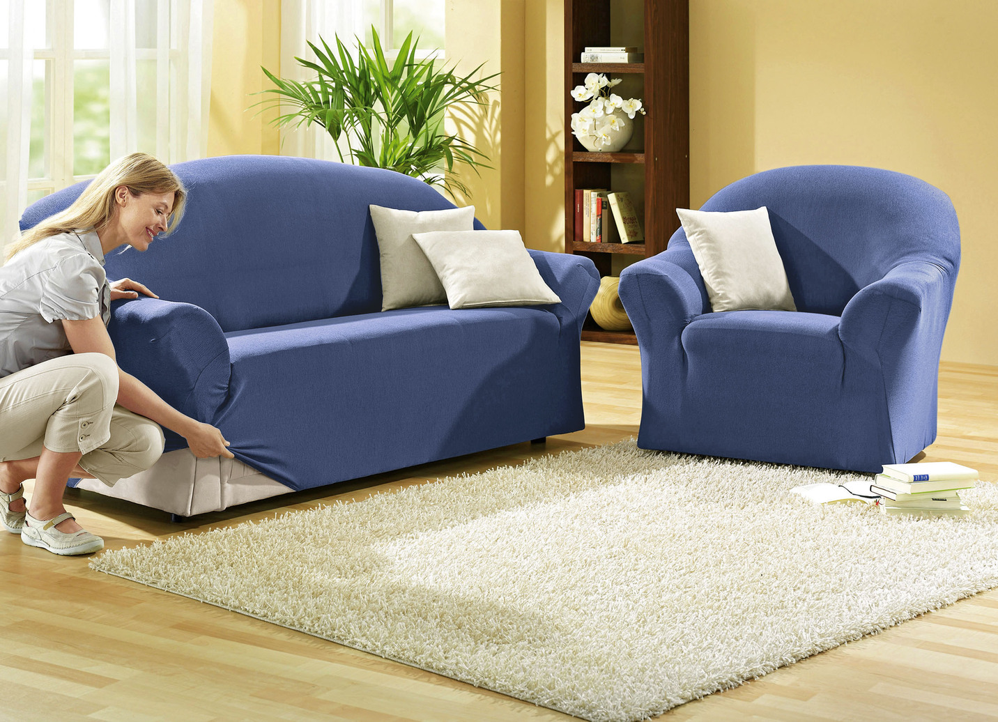 Leicht melierte Stretchbezüge für Sessel und Sofa, Größe 105 (TV-Sessel-Bezug), Blau von BADER