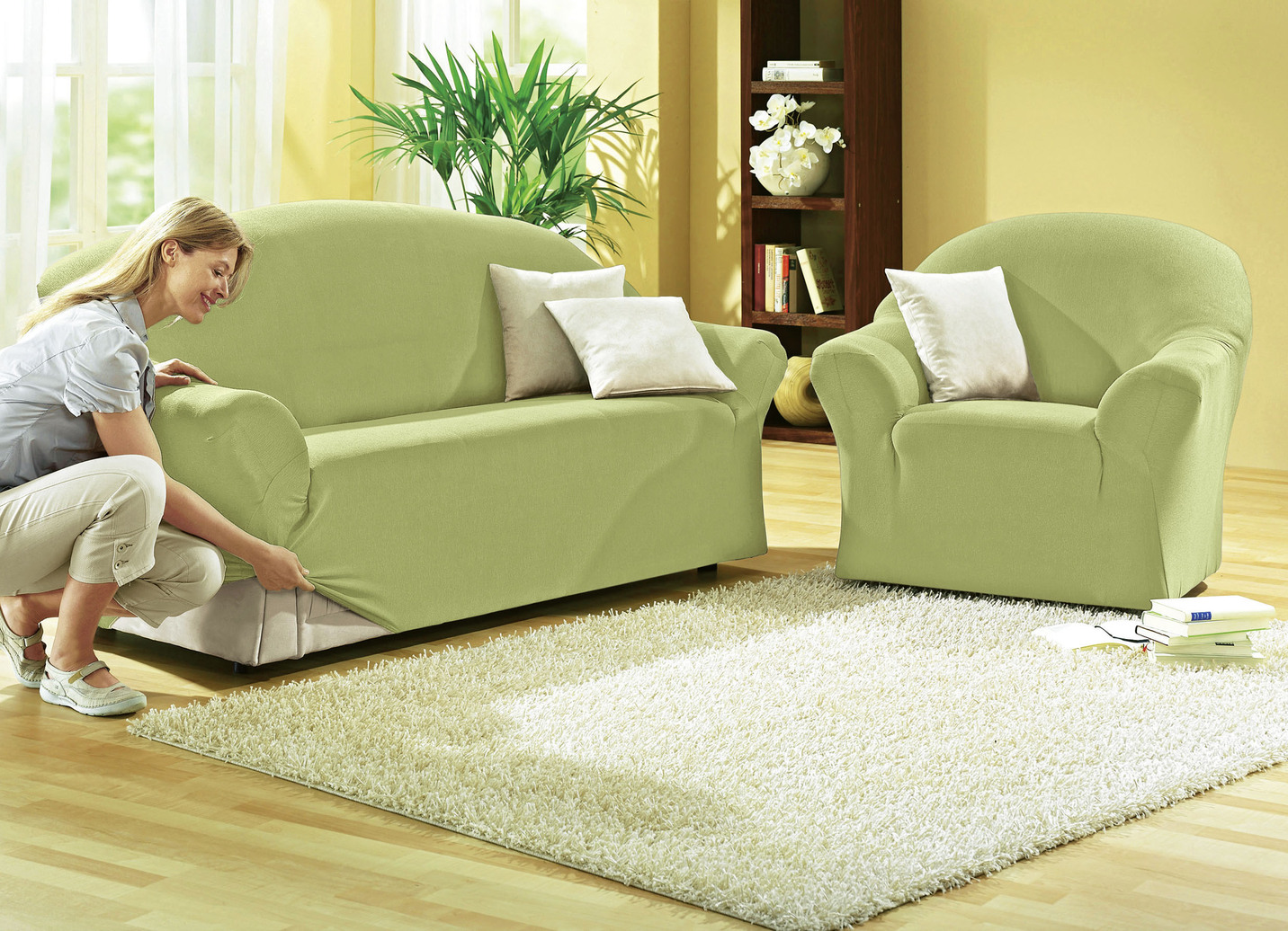 Leicht melierte Stretchbezüge für Sessel und Sofa, Größe 105 (TV-Sessel-Bezug), Grün von BADER