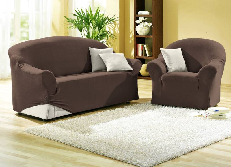 Leicht melierte Stretchbezüge für Sessel und Sofa, Größe 108 (Hocker-Bezug), Braun von BADER