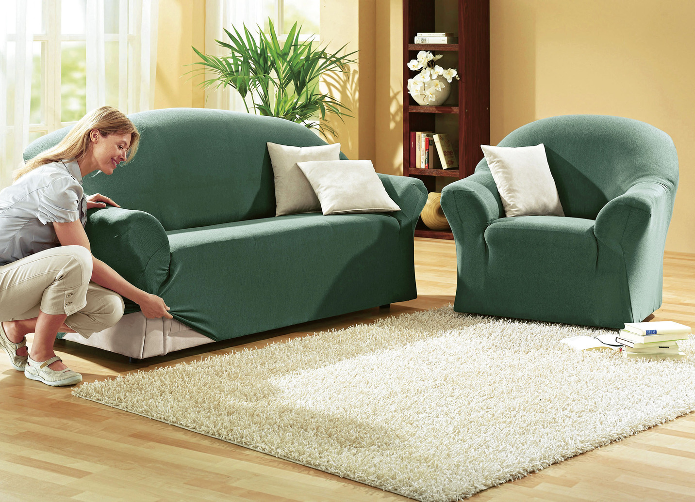 Leicht melierte Stretchbezüge für Sessel und Sofa, Größe 108 (Hocker-Bezug), Tanne von BADER