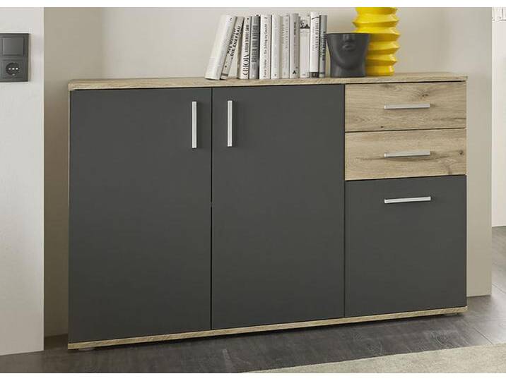 Moderne, kombistarke Sideboards, 3-türig, mit 2 Schubladen, Eiche-Grau von BADER