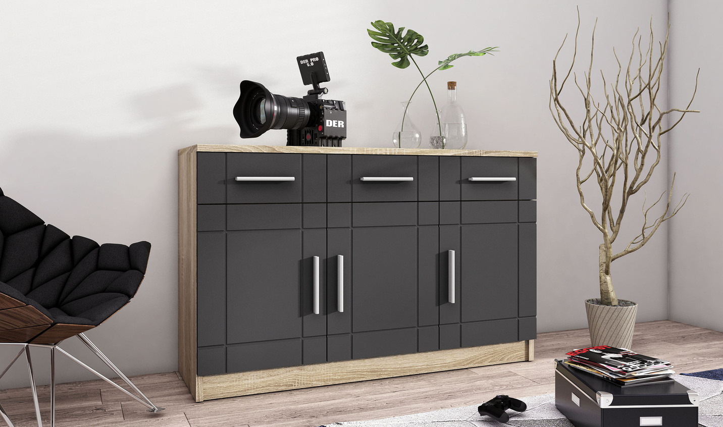 Moderne Kommode mit matten Tiefzieh-Fronten, Kommode, 3-türig, Grau-Eiche Moderne Kommode mit matten Tiefzieh-Fronten, Kommode, 3-türig, Grau-Eiche von BADER